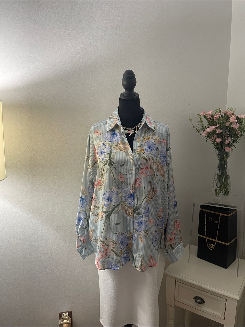 Zara Floral Striped Multi-Color Button-Up Blouse